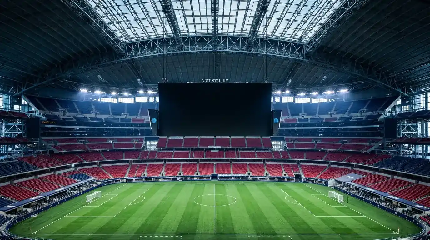 AT&T Stadium u Dallasu s velikim zatvorenim krovom i golemim ekranom iznad nogometnog terena pripremljenog za SP 2026