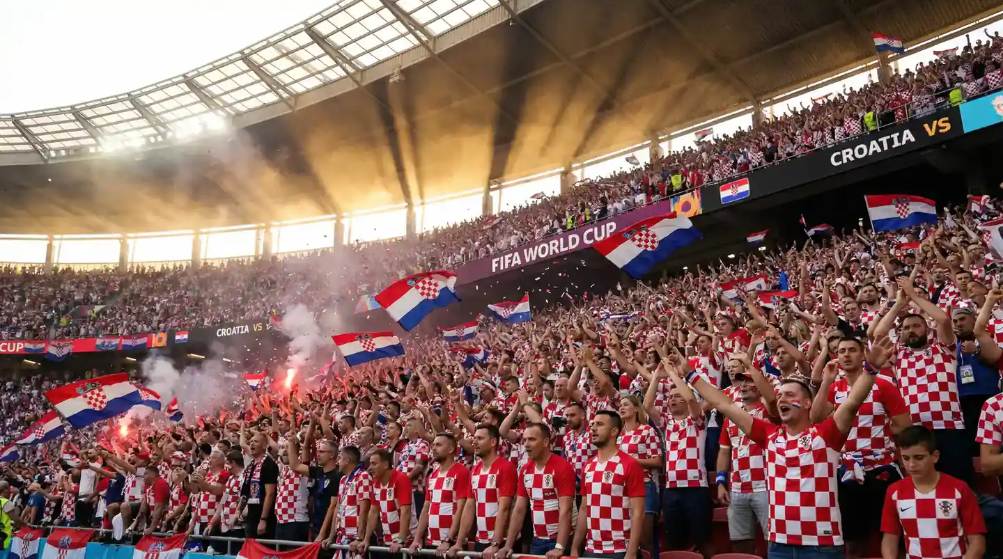 Hrvatski nogometni navijači u crveno-bijelim kockicama slave na tribinama stadiona tijekom Svjetskog prvenstva