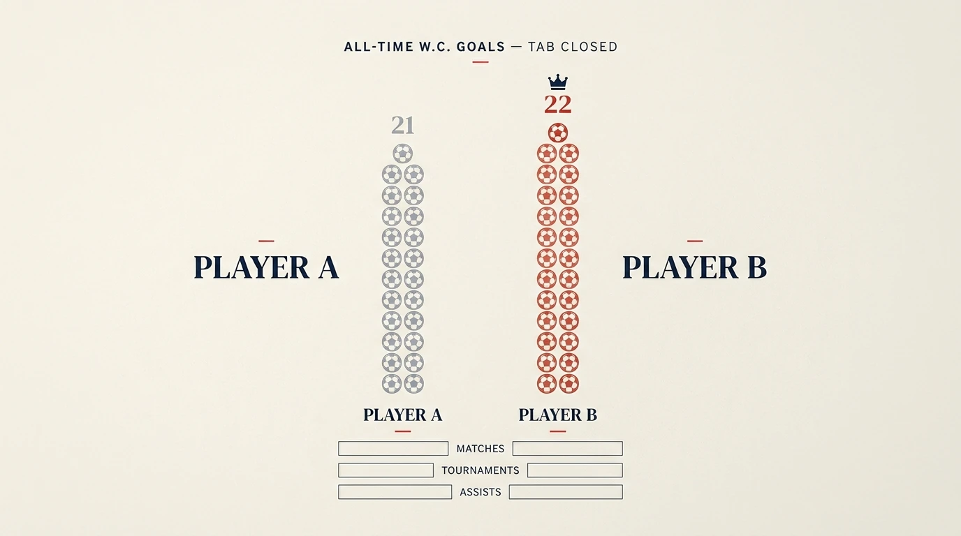 Grafički prikaz odnosa karijernih pogodaka na SP-u: 22 (Mbappé) prema 21 (Messi)